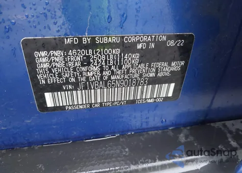 2022 Subaru Wrx Limited из США, поврежденный, VIN JF1VBAL65N9018783